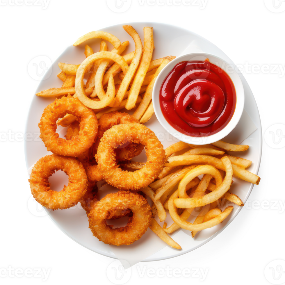 fried onion rings and ketchup on a plate png