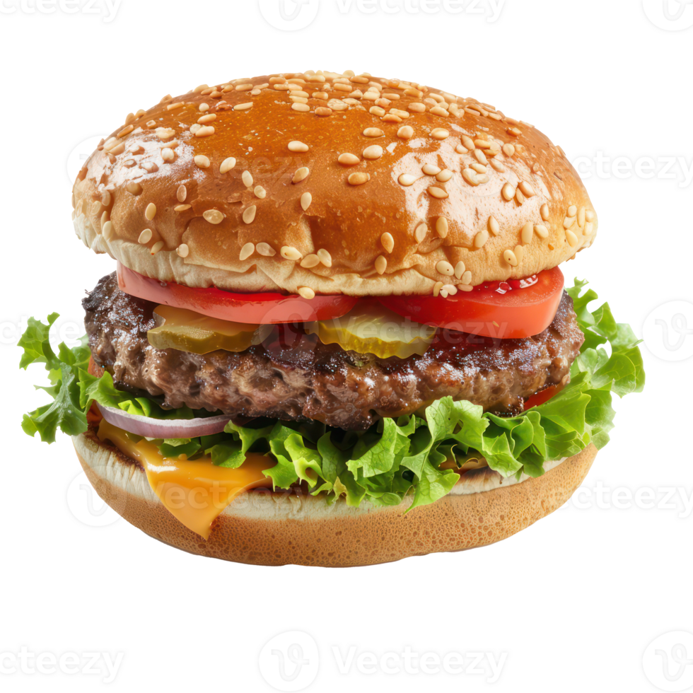 a hamburger with lettuce and tomatoes on a transparent background png