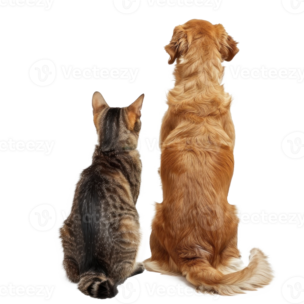 Back view of Dog and cat looking up the same direction, full body isolate on transparent background png