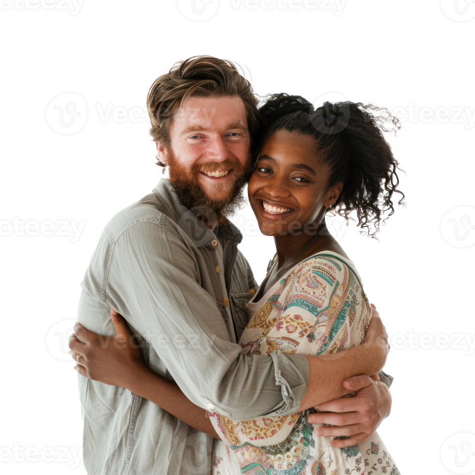 a smiling couple embracing each other on a transparent background png