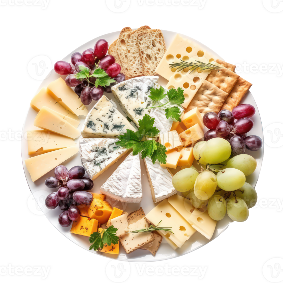 cheese platter with grapes, crackers, and cheese isolate on white background png