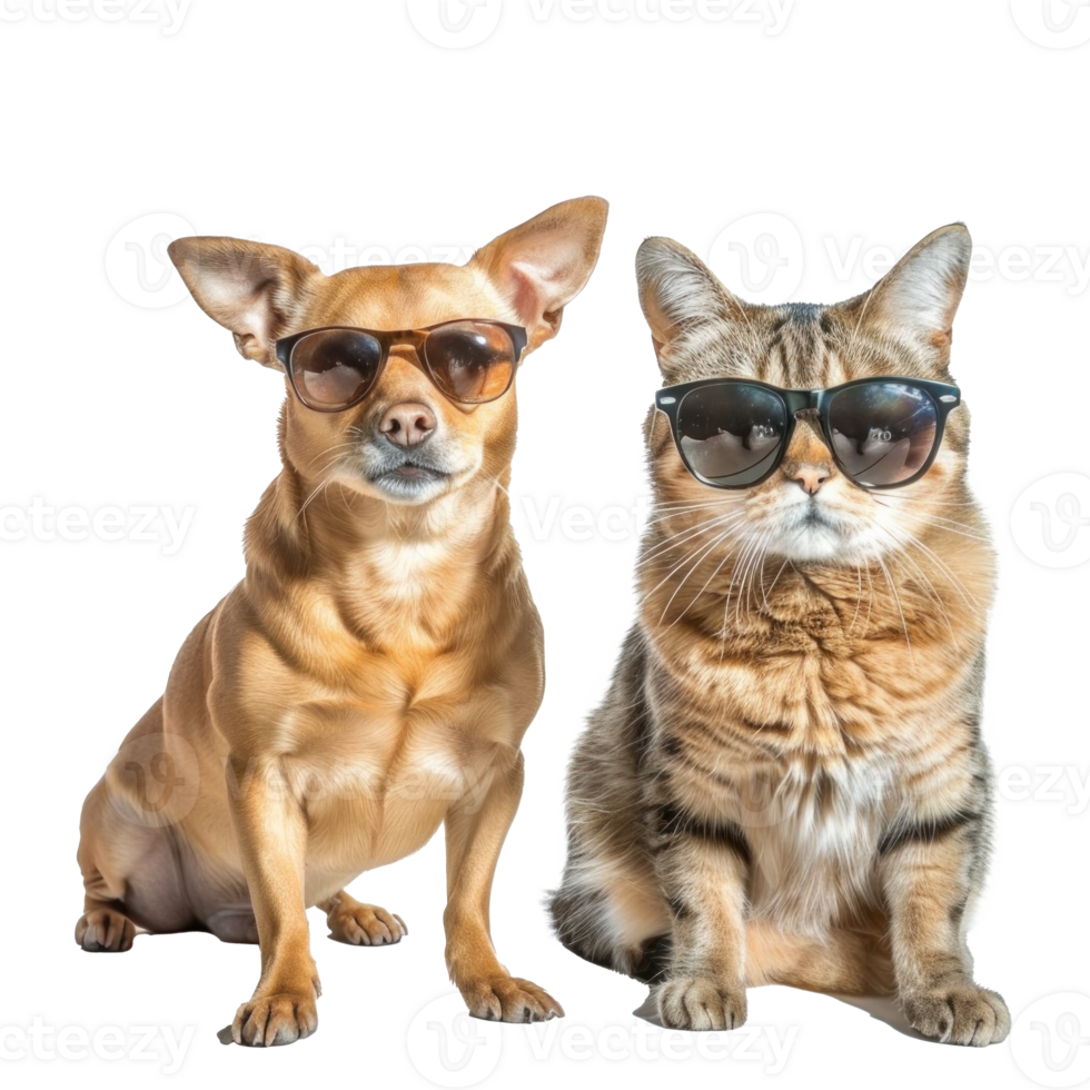 Dog and cat wearing sunglasses and thump up, full body isolate on white background png