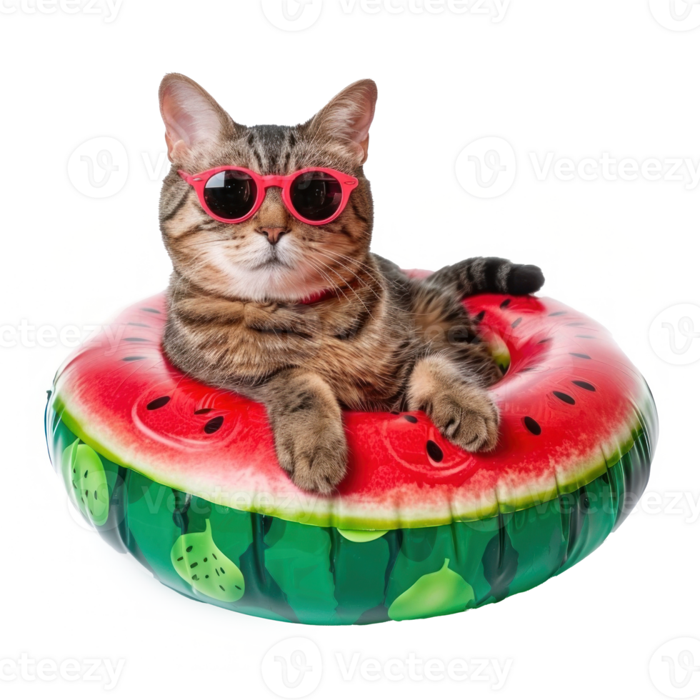 cat wearing sunglasses sitting in an watermelon inflatable ring pool isolate on white background png