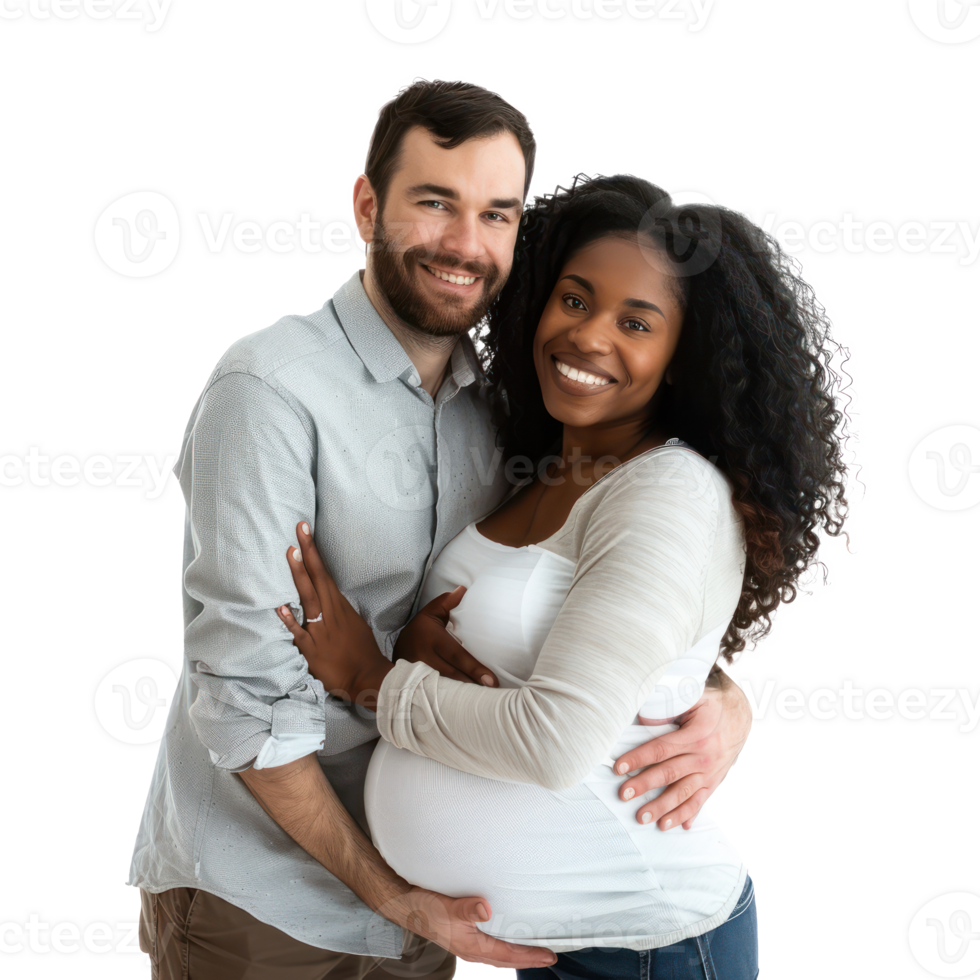 a pregnant woman and man are posing for the camera png