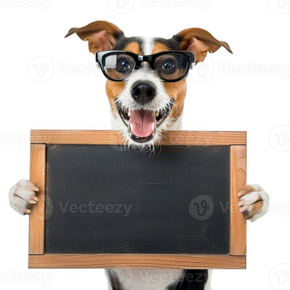 Dog wearing glasses holding chalkboard stannding full body isolate on white background png