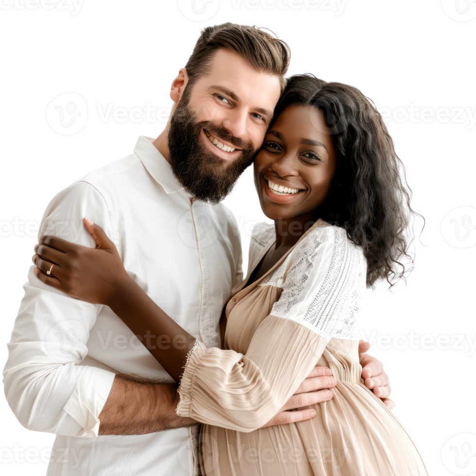 a smiling couple embracing each other on a transparency background png