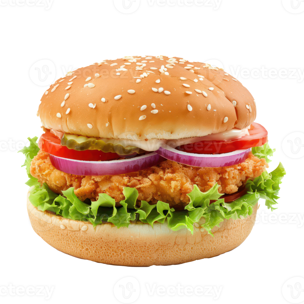 a hamburger with lettuce, tomato and onion on a transparency background png