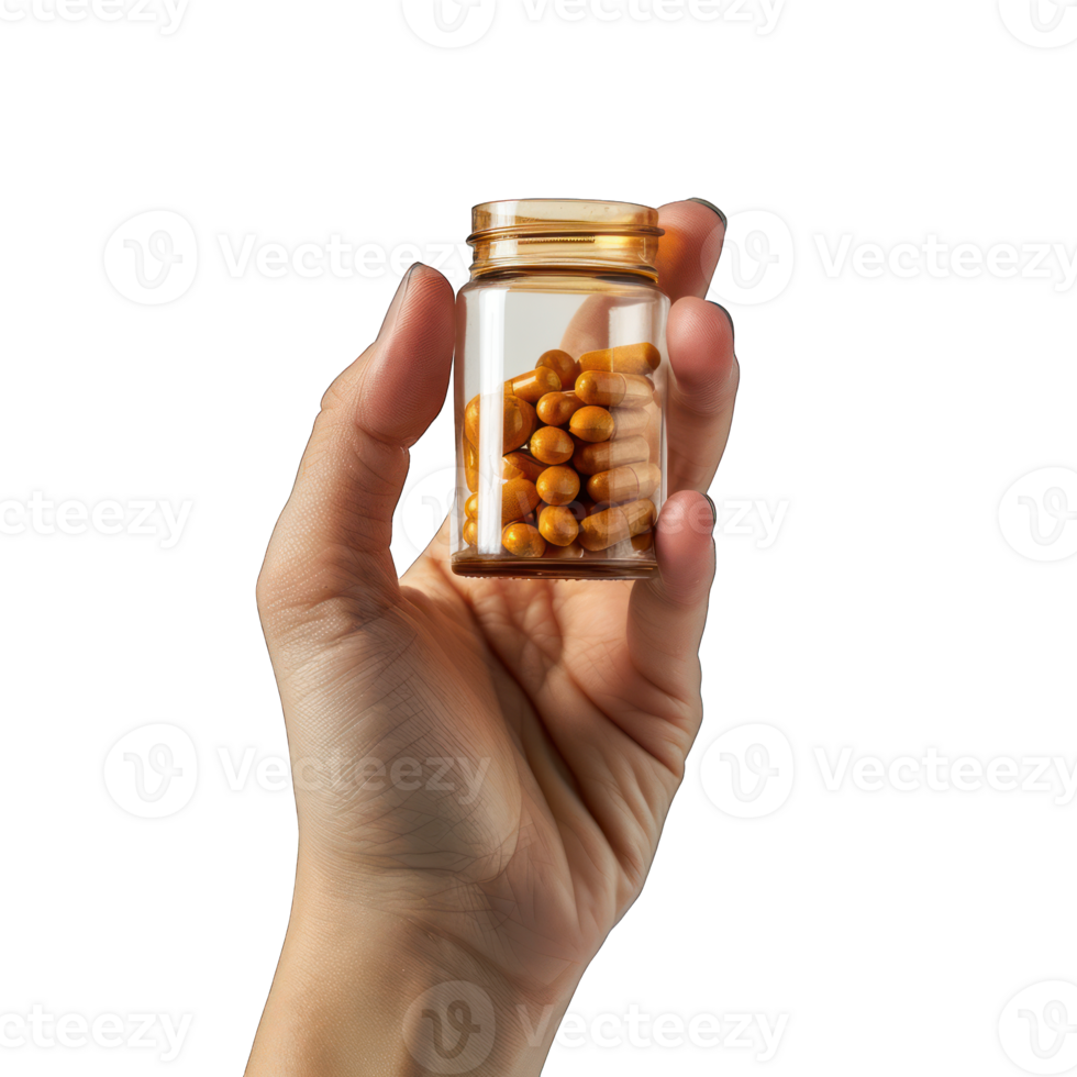 capsules in jar on human hand transparent background png