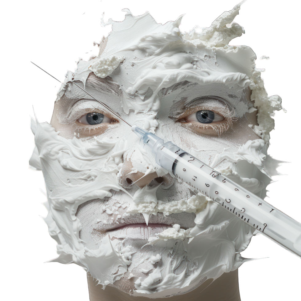 syringe in front of person face covered in chalk transparent background png