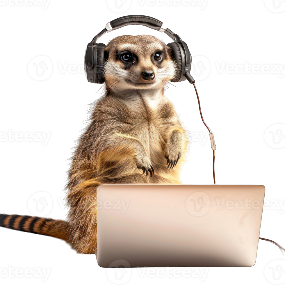 meerkat with headphones using laptop transparent background png