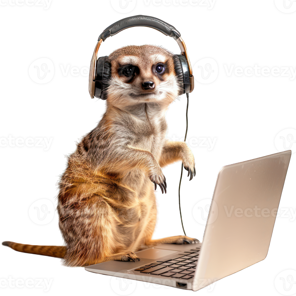 meerkat with headphones using laptop transparent background png
