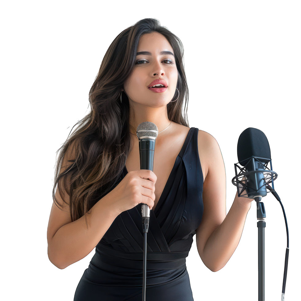 female singer singing on microphone transparent background png