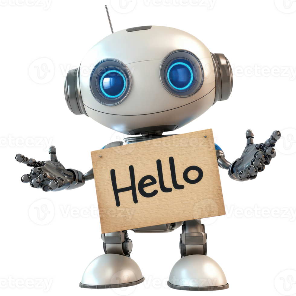 Hello robot holding a sign with the word hello png