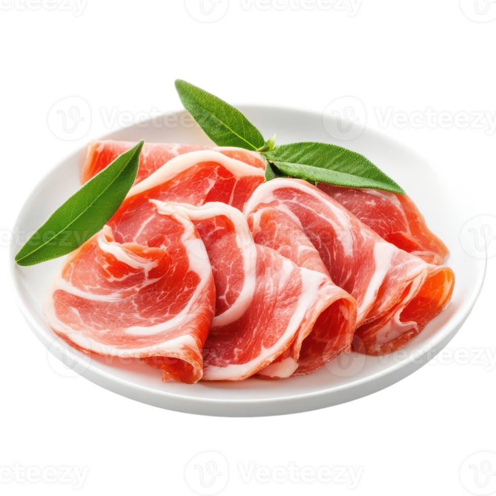 Sliced meat on a plate with leaves on it png