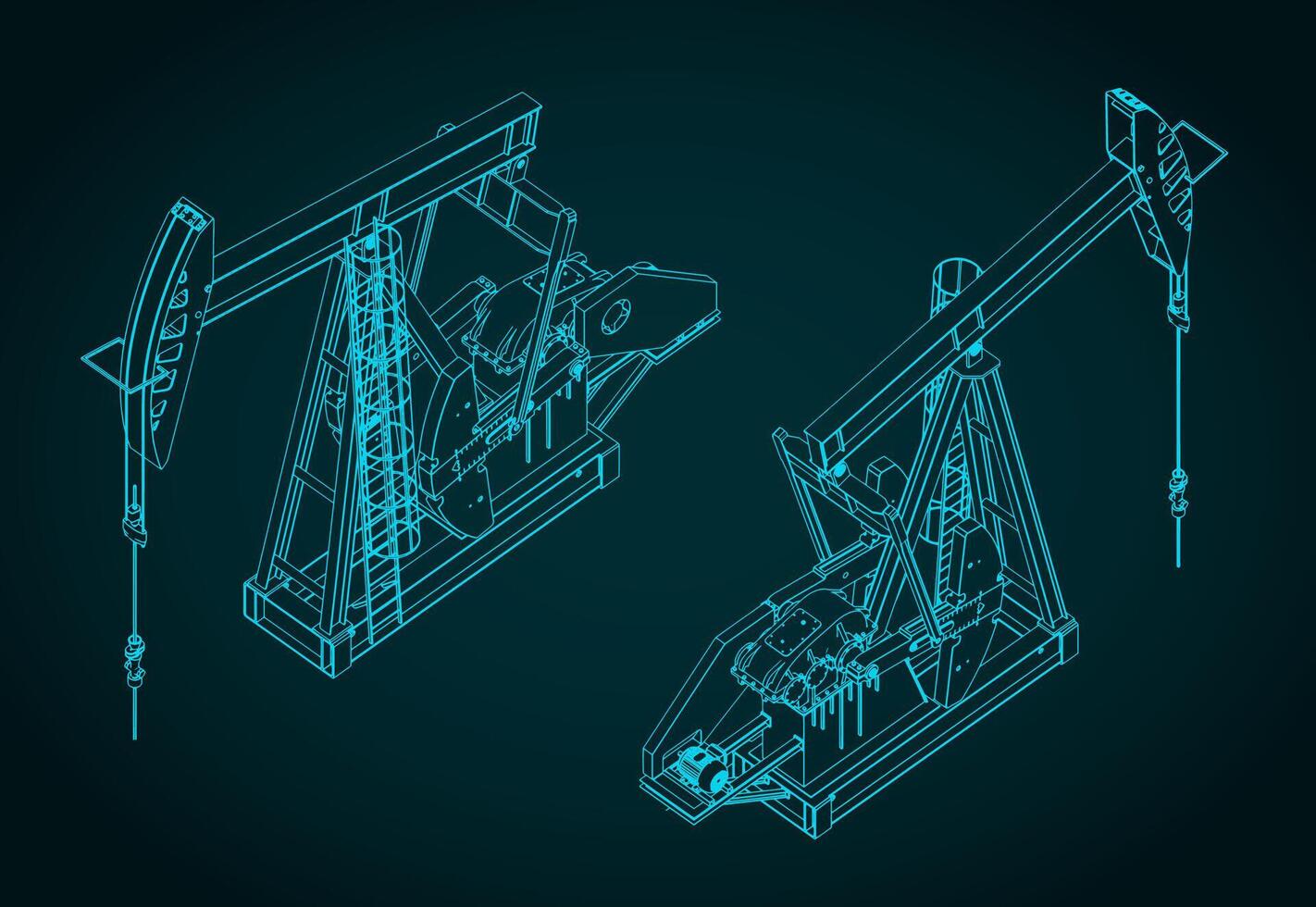 Oil pump jack isometric blueprints vector