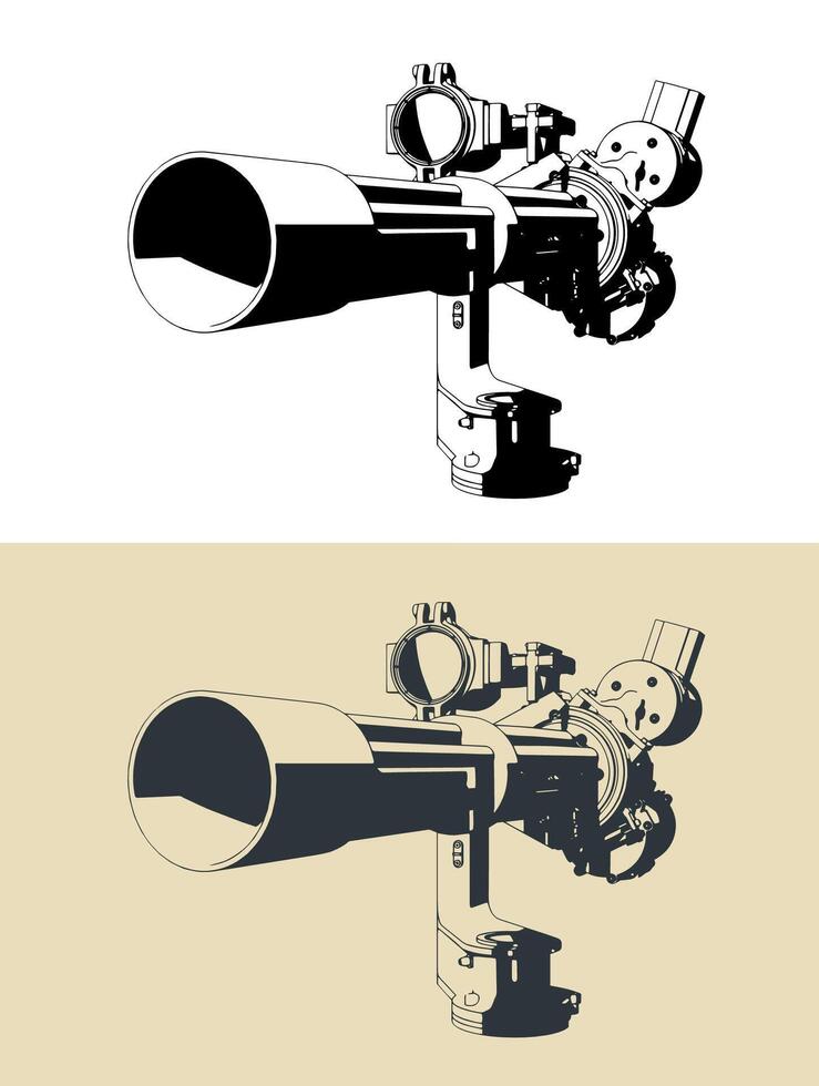 Turret with six-barrel rotary machine gun illustrations vector