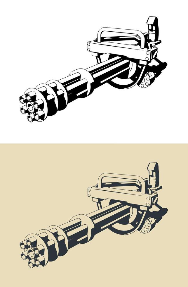Six-barrel rotary machine gun vector
