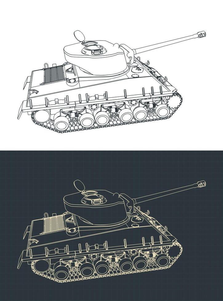 M4 Sherman tank blueprints illustrations vector