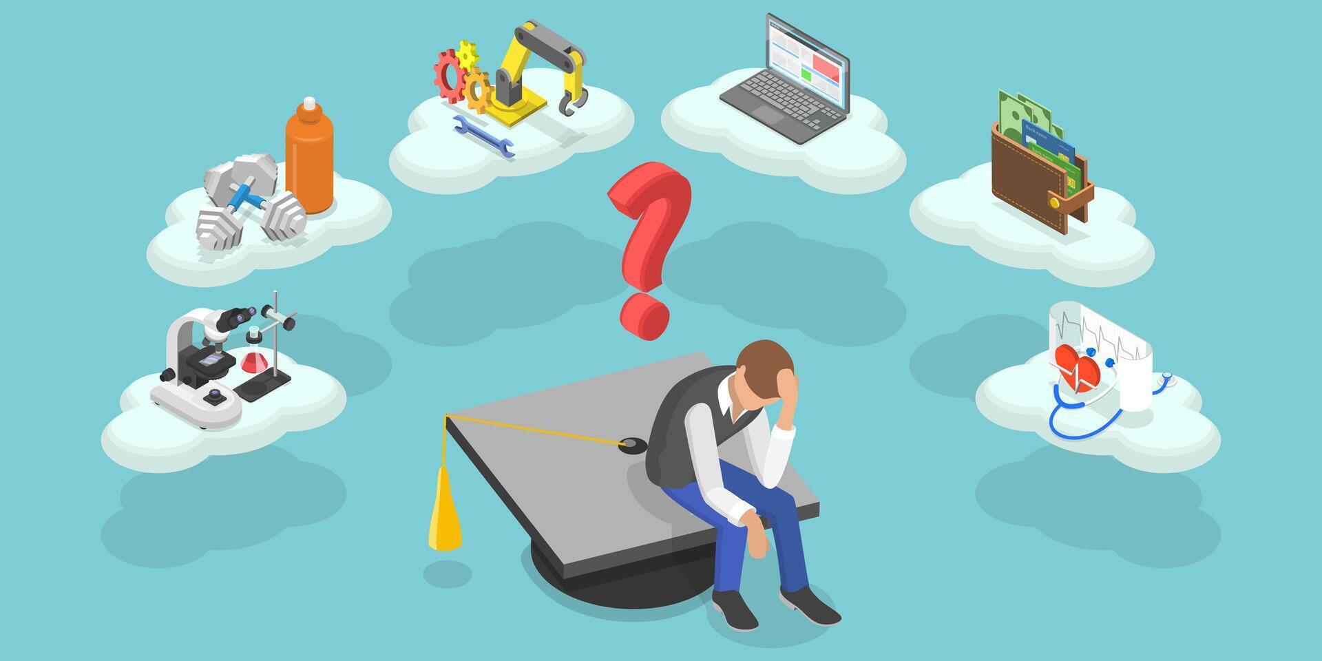 3D Isometric Flat Conceptual Illustration of Higher Education Choice-Making vector