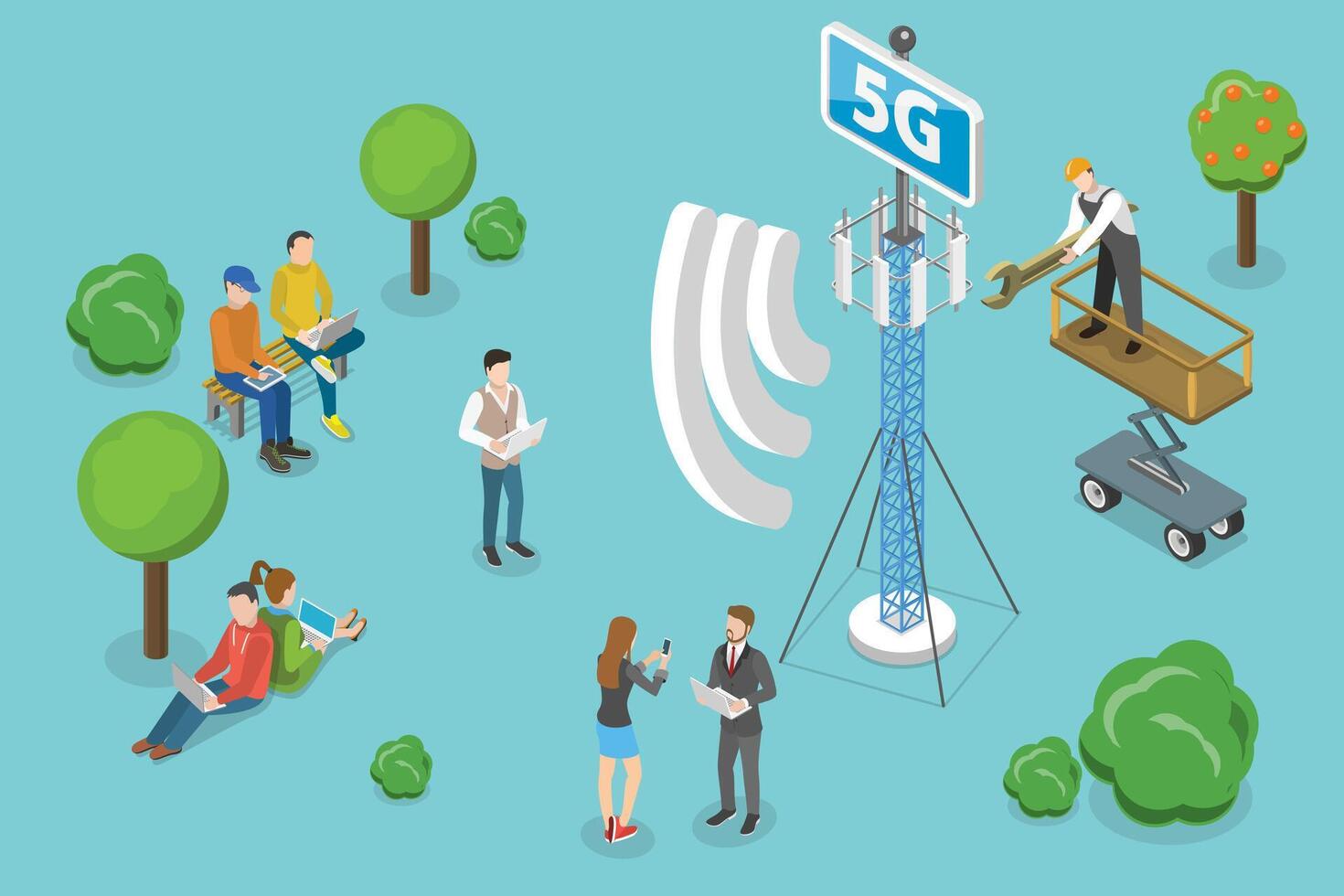 3D Isometric Flat Conceptual Illustration of 5G Cell Tower vector