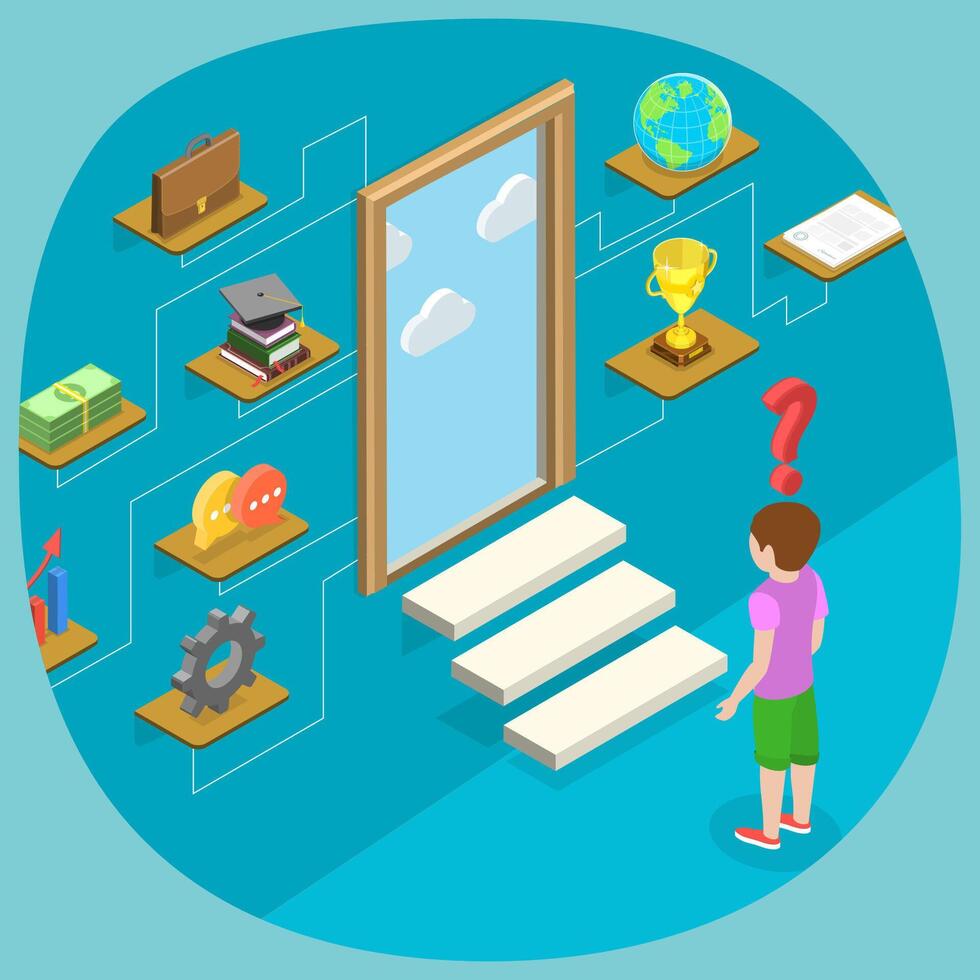 3D Isometric Flat Conceptual Illustration of Child Educatioin Choice-Making vector