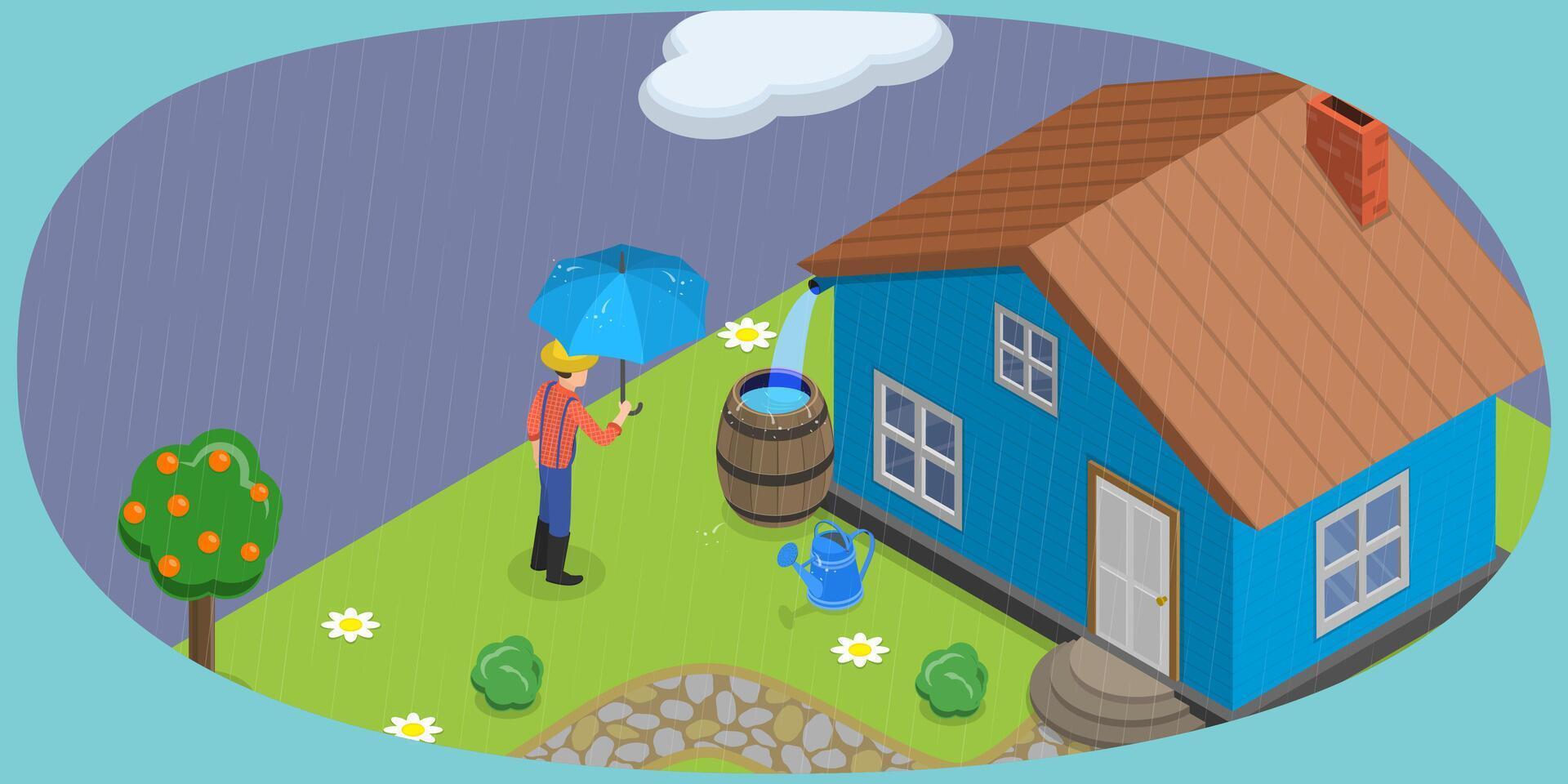 3D Isometric Flat Conceptual Illustration of Rainwater Harvesting vector