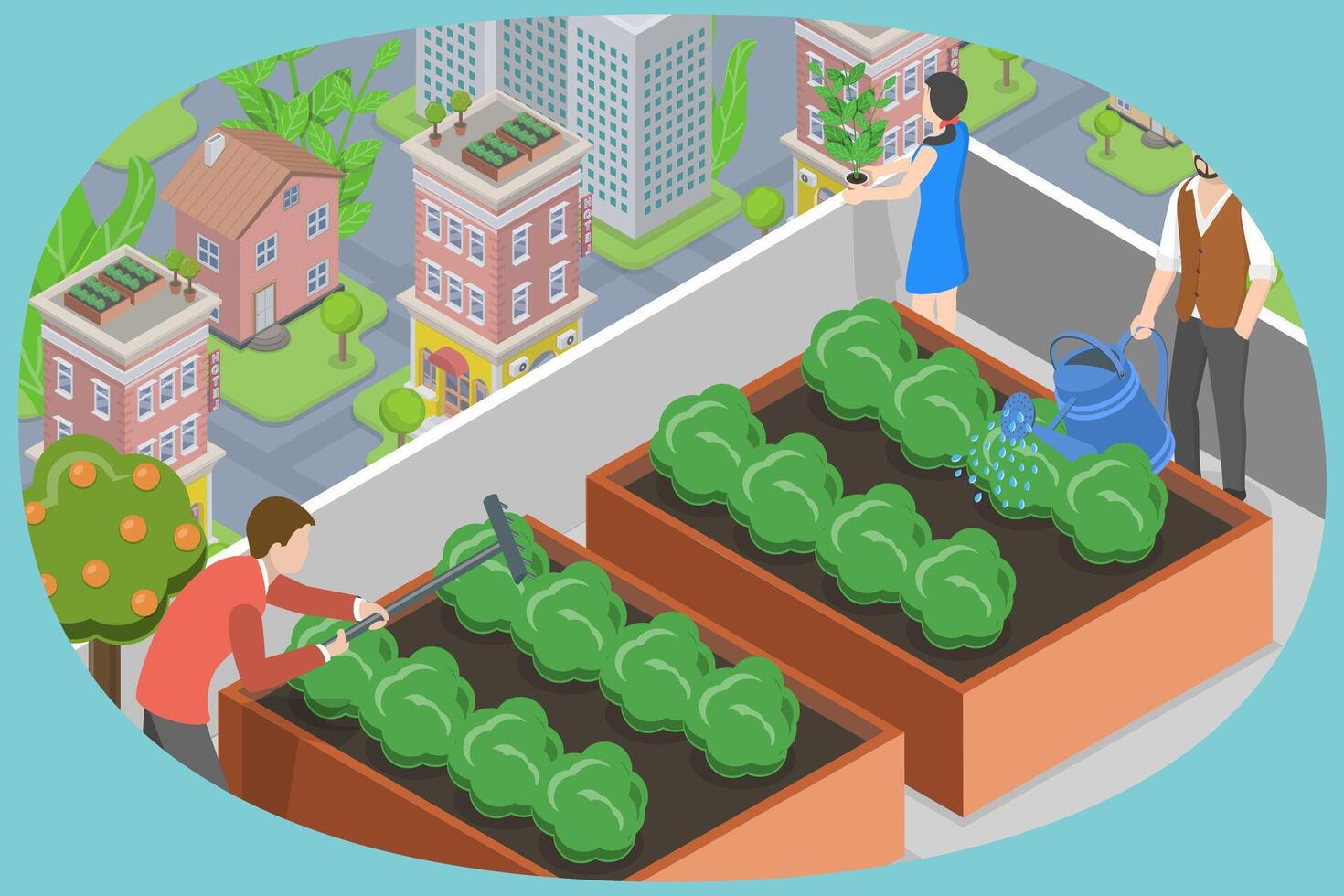 3D Isometric Flat Conceptual Illustration of Urban Rooftop Farming vector