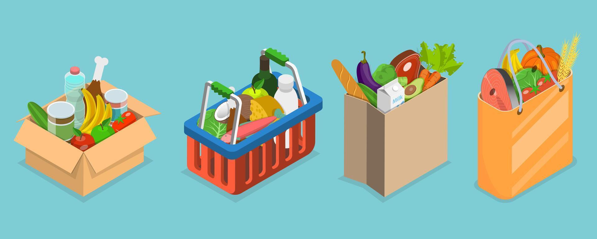 3D Isometric Flat Conceptual Illustration of Grocery Bundles Set vector