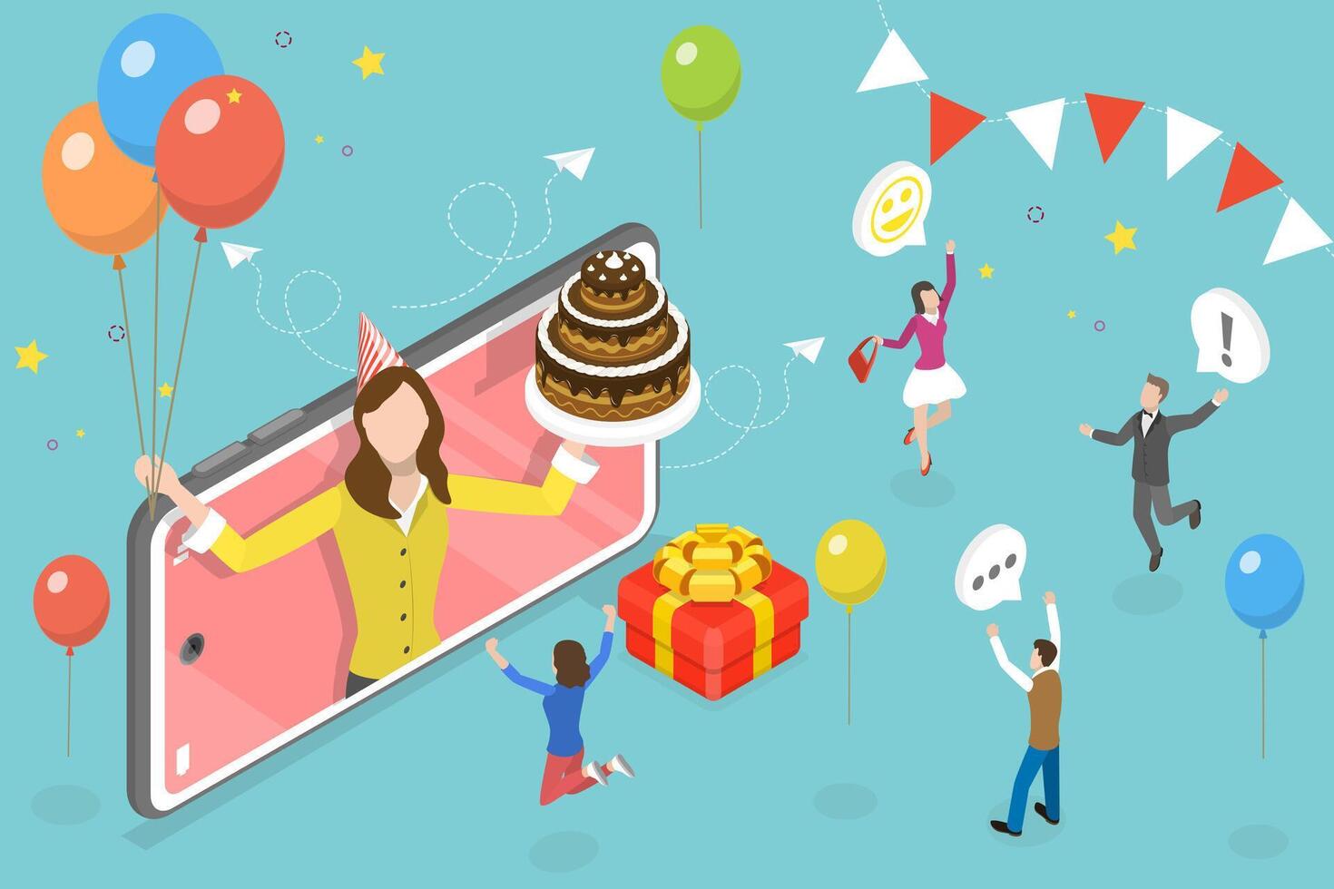3D Isometric Flat Conceptual Illustration of Virtual Birthday Party vector