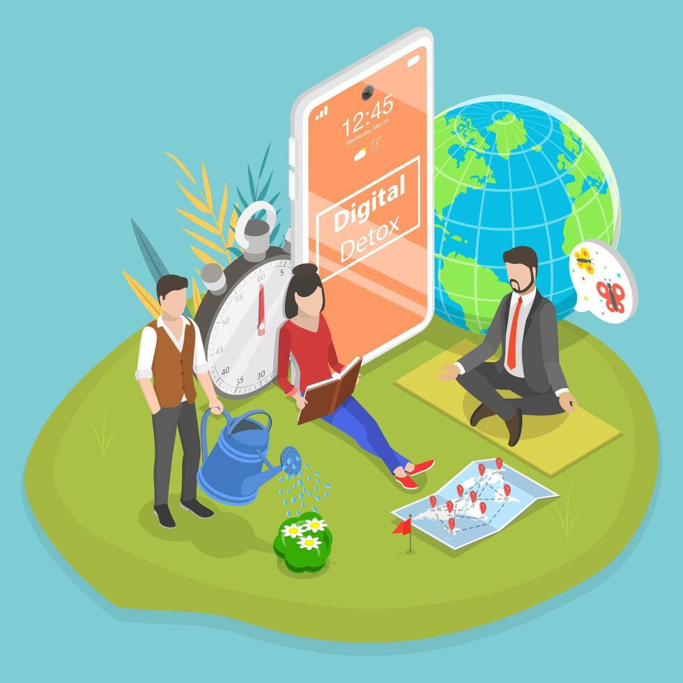 3D Isometric Flat Conceptual Illustration of Digital Detox vector