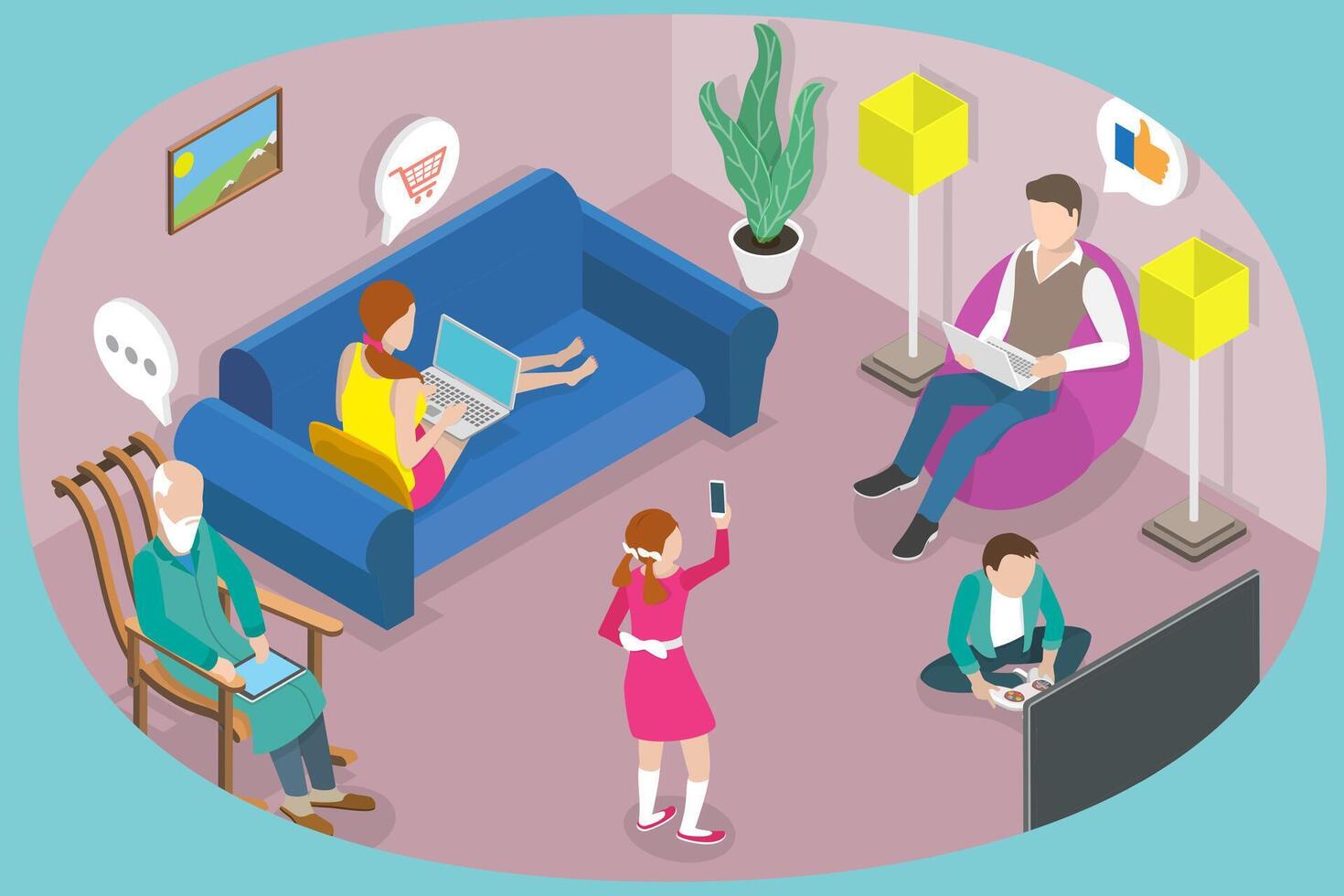 3D Isometric Flat Conceptual Illustration of Gadget Addicted Family vector