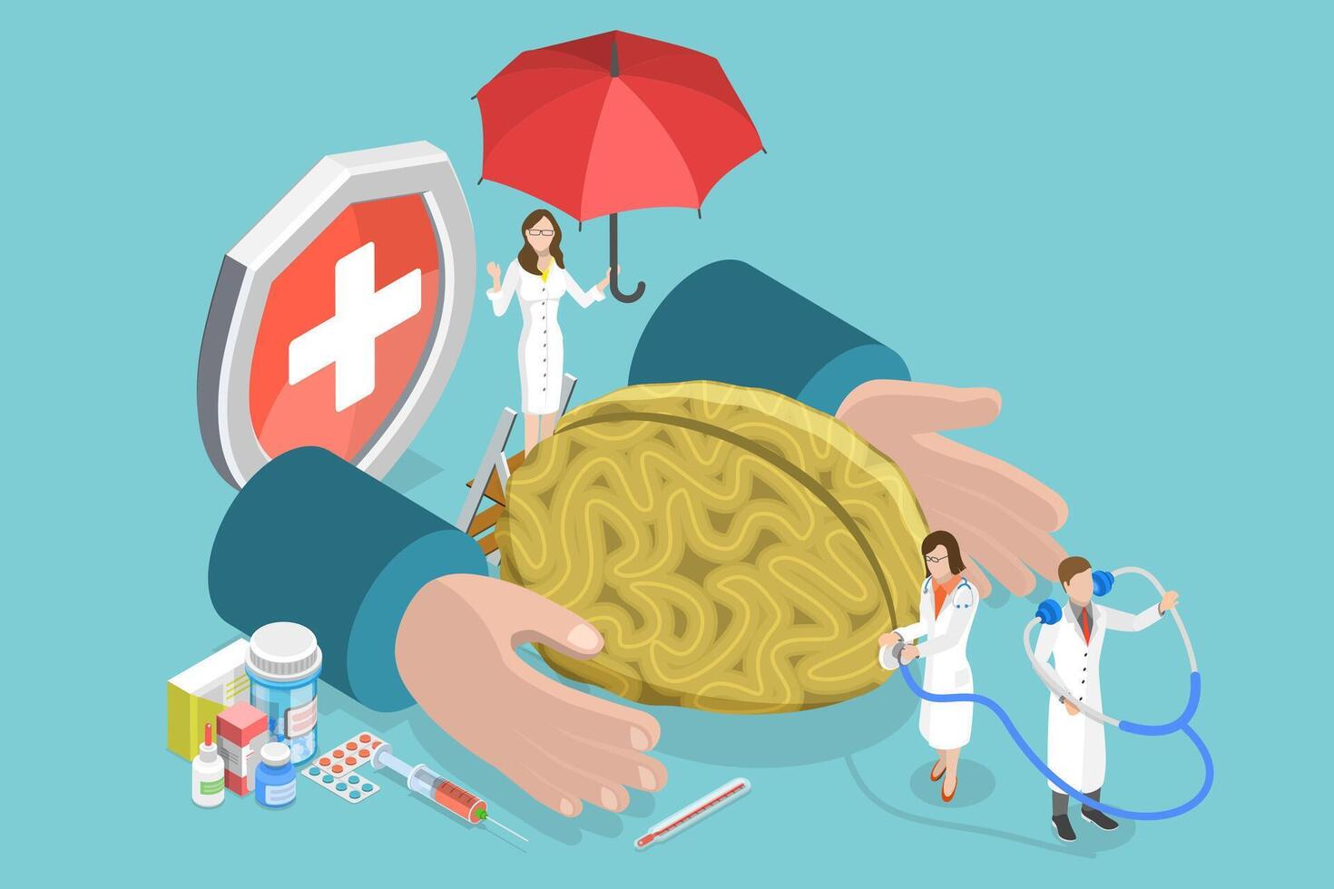 3D Isometric Flat Conceptual Illustration of Brain Health vector