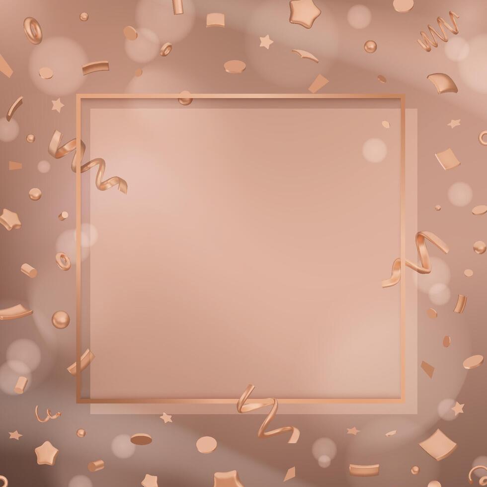 Abstract luxury copy space background with 3D metallic falling confetti decoration and frame. Mocha hues illustration with glow light effect for sale, promo, greeting card, festive design vector