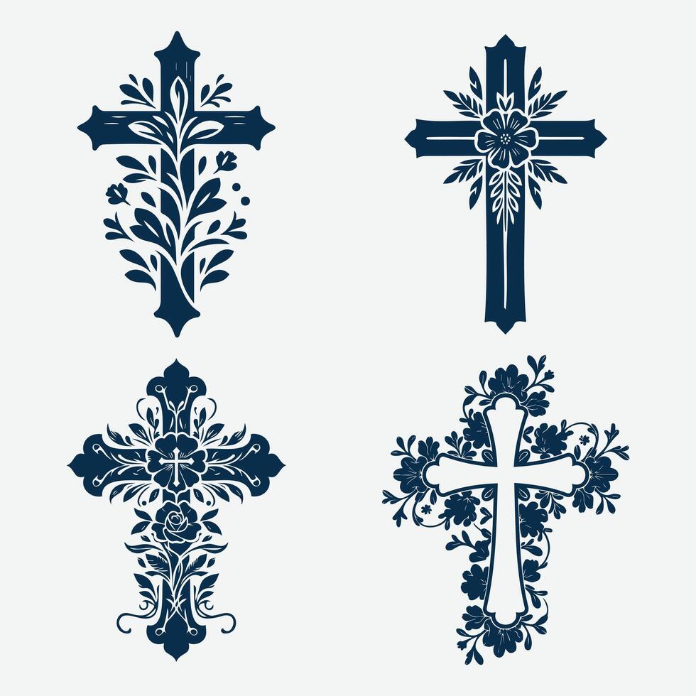 Cross icon set. Silhouette style. Christian cross set. Cross shape vector