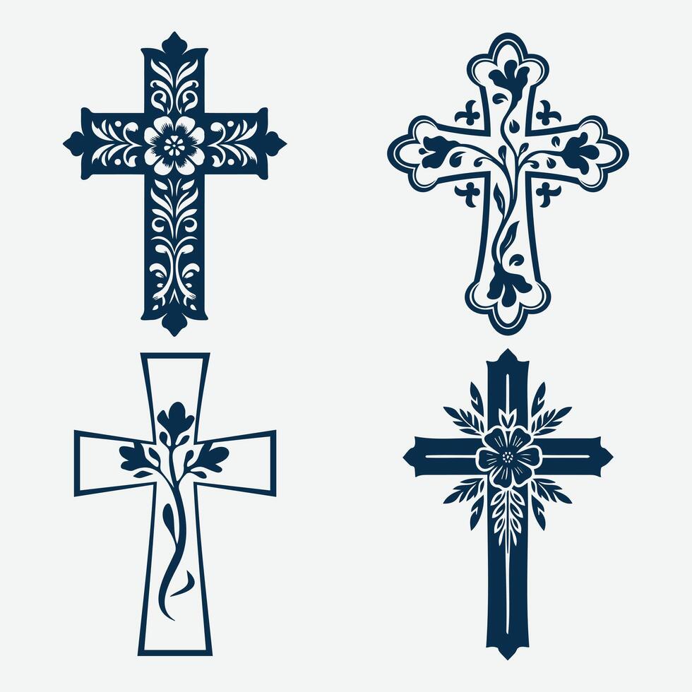 Cross icon set floral, Christian cross set. Abstract religious cross icon collection. Set of cross icons for religion. Cross shape collection. vector