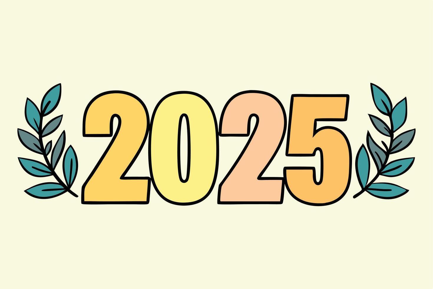 A pastel-themed 2025 illustration featuring decorative leaf accents, fresh and modern New Year greeting vector