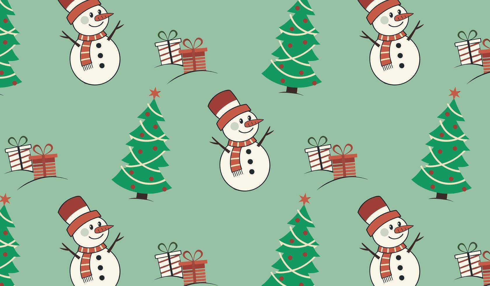 Pattern featuring snowmen, decorated Christmas trees, wrapped presents, light green background. Flat festive design. For wrapping paper, wallpaper, holiday fabric prints vector