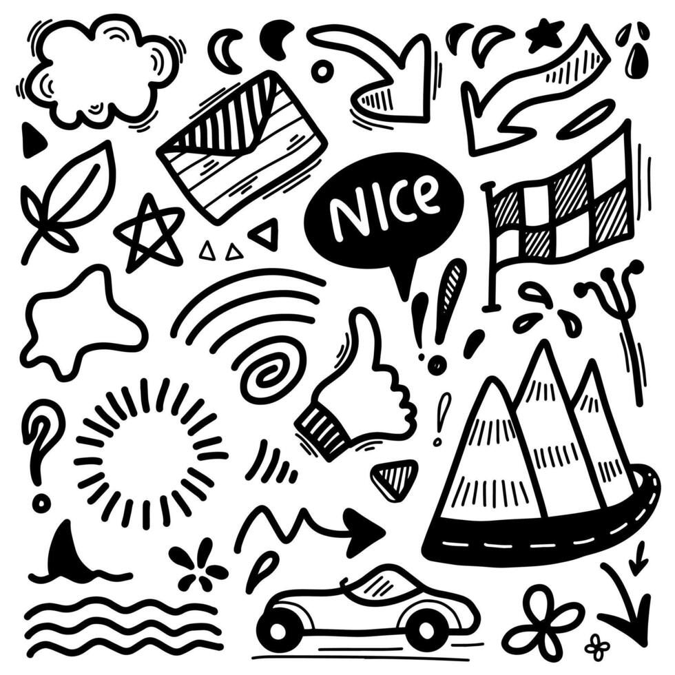 Hand drawn Arrow, heart, hill, star, leaf,emphasis ,car for concept design. vector
