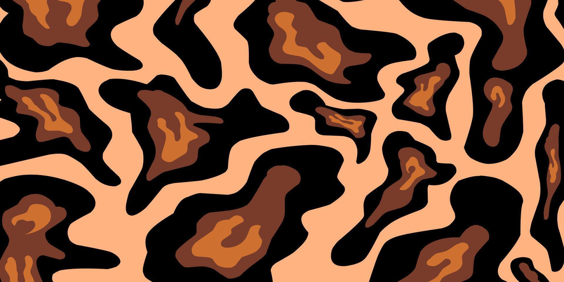 A seamless pattern of abstract leopard spots in shades of orange, brown, and black. vector