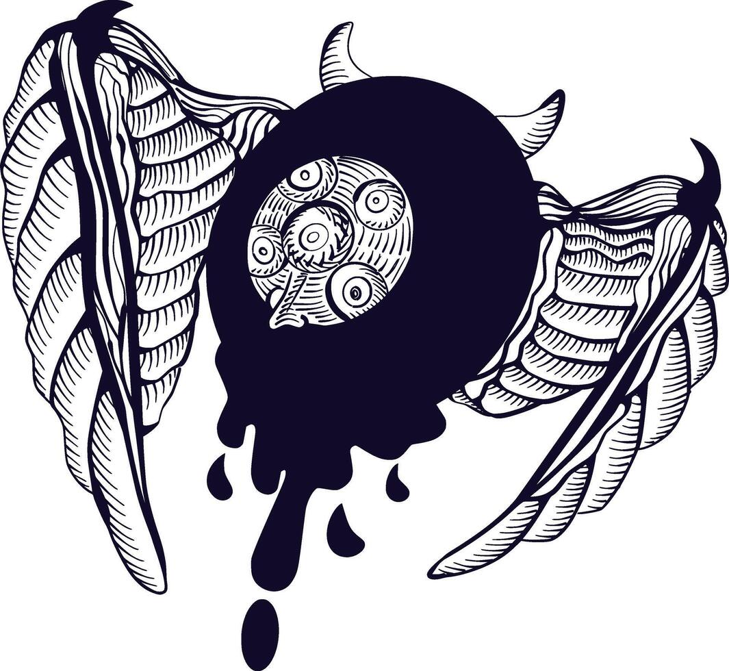 winged eyeball with multiple pupils and dripping liquid. vector