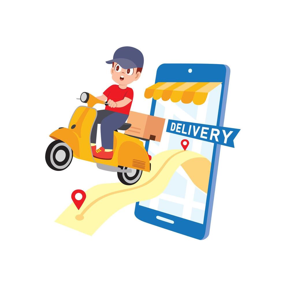 Courier with Scooter for E-Commerce Orders vector