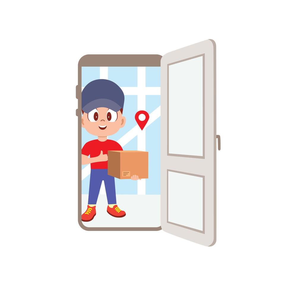 A cheerful boy wearing a red shirt, blue pants, and a navy blue cap is standing in front of an open door, holding a cardboard box with a smile vector