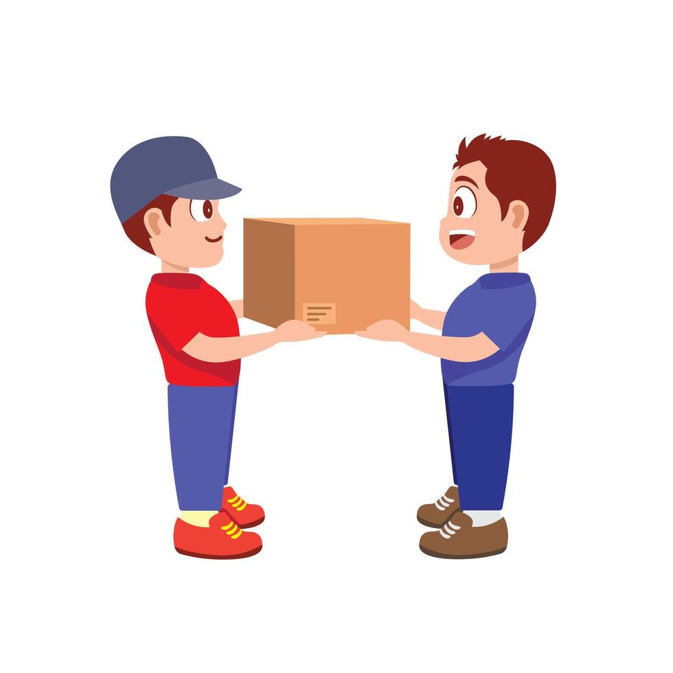 Two cheerful boys are standing and smiling at each other while holding a cardboard box together vector