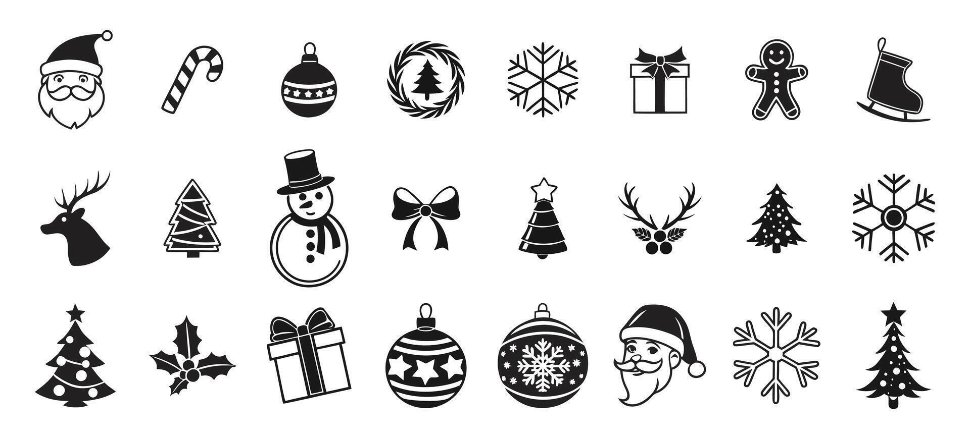 A Collection of 24 Classic Christmas Icons, Including Santa Claus, Reindeer, Christmas Trees, Ornaments, and More vector