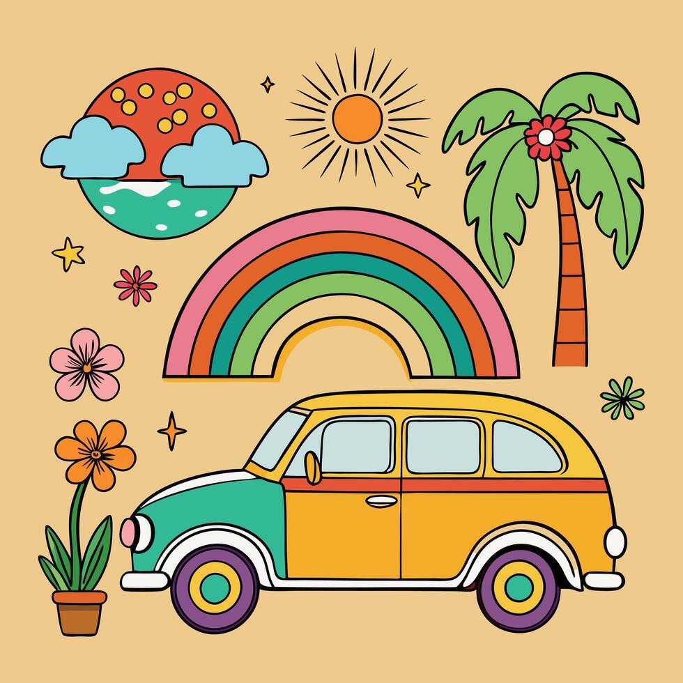retro car with rainbow, palm tree, flowers and palm tree illustration vector