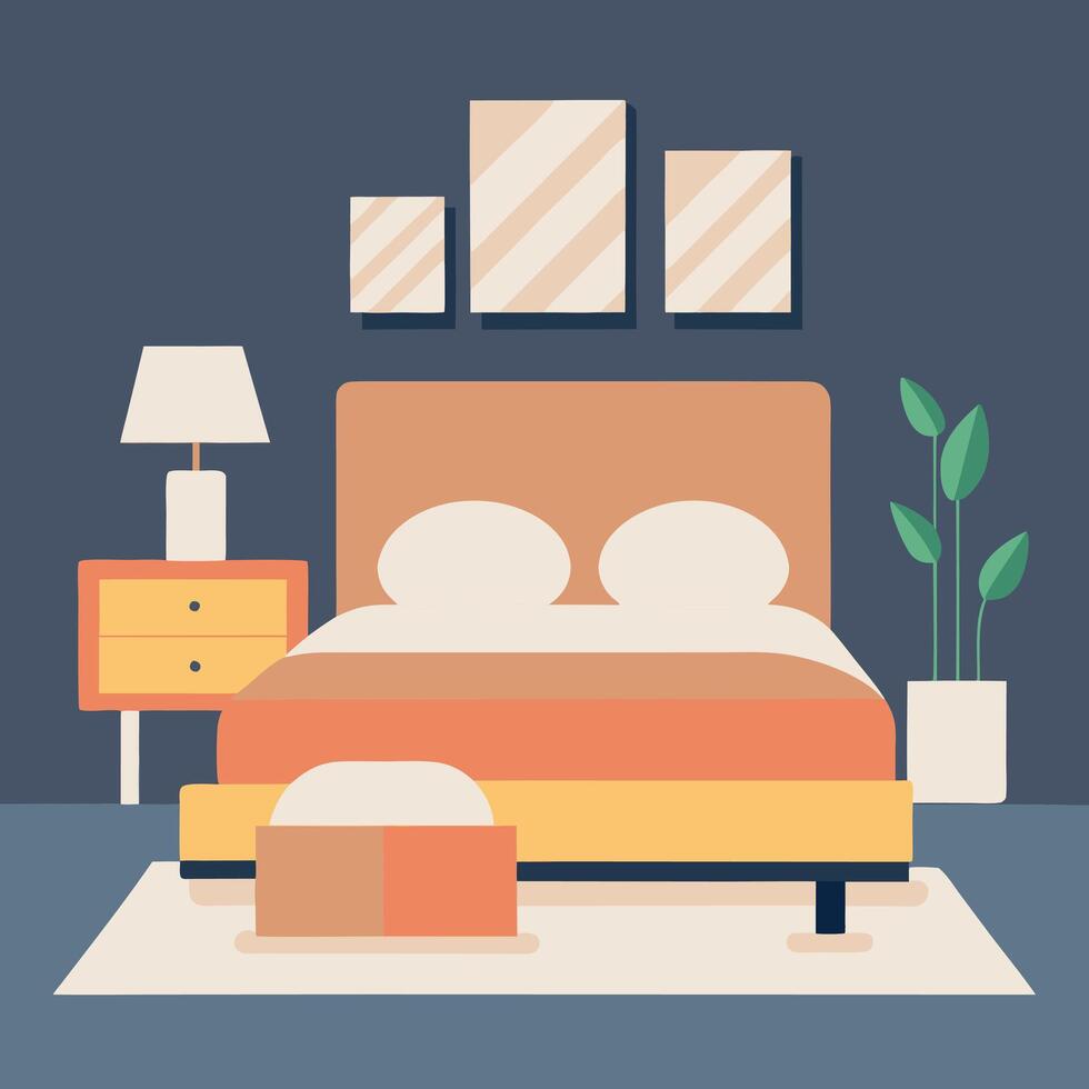 a bedroom with a bed, nightstand and lamp vector