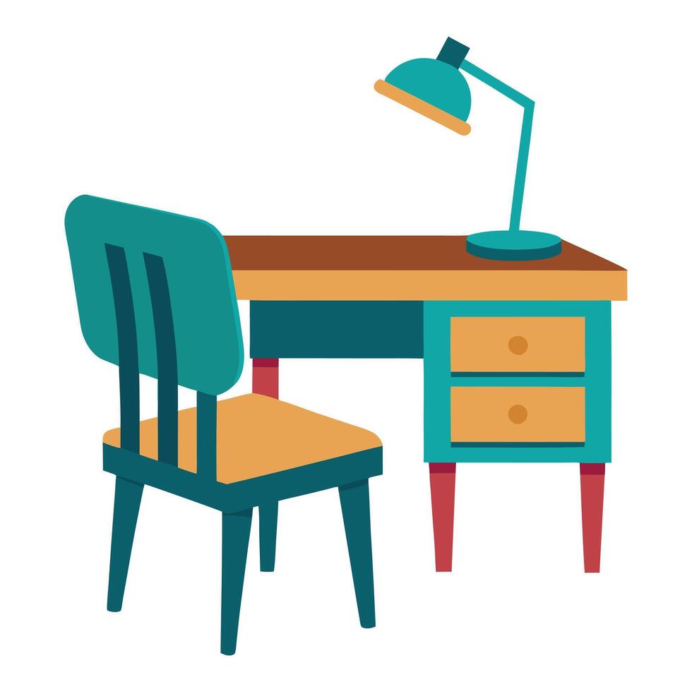 a desk and chair with lamp on it vector