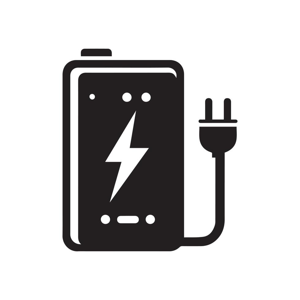 power bank portable charging device for smartphones and mobile phones with electricity sign, charge indicator and usb cable. vector