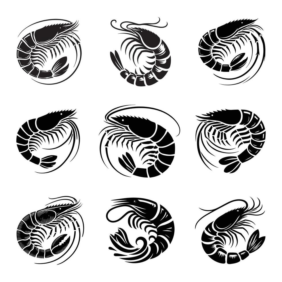 Shrimp silhouette. Isolated shrimp on white background. Prawns vector