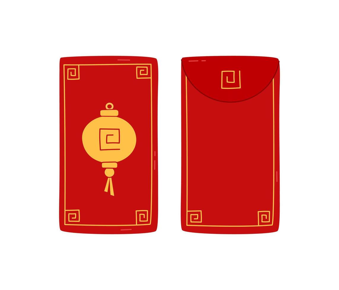Angpao isolated elements. Asian festive red envelopes with Chinese lantern ornament. Traditional gift with coins, money for Lunar New Year, wedding and other celebrations. Flat illustration vector